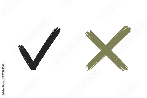 Check mark and cross brush strokes, hand drawn vector illustration, transparent background, approval and rejection symbols, grunge ink brush art, positive and negative icons