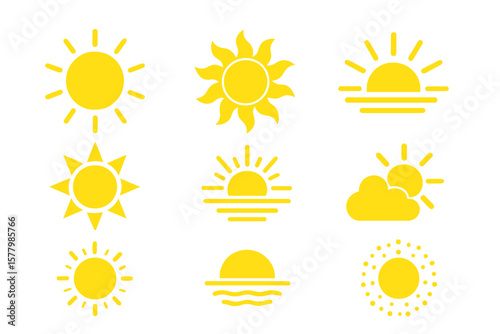 Sun Icon Set – Solar Symbols, Sunshine, Sunrise, Sunset, Summer Weather, Sunlight, Vector Illustration, Isolated Yellow Sun Collection, Transparent Background, Clipart Design