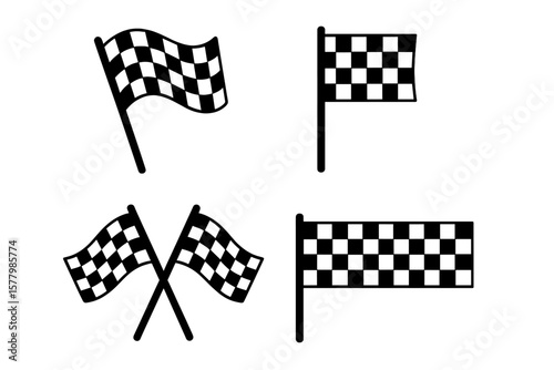Checkered flag icon set. Racing flags collection. Finish line symbol. Motorsport competition concept. Car, moto race sign. Waving, crossed flags. Winner, victory goal.