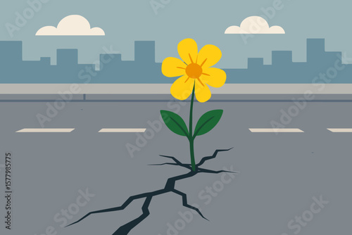 Resilient yellow flower growing through urban street crack, modern flat vector cartoon illustration symbolizing hope, strength, nature overcoming concrete, growth concept
