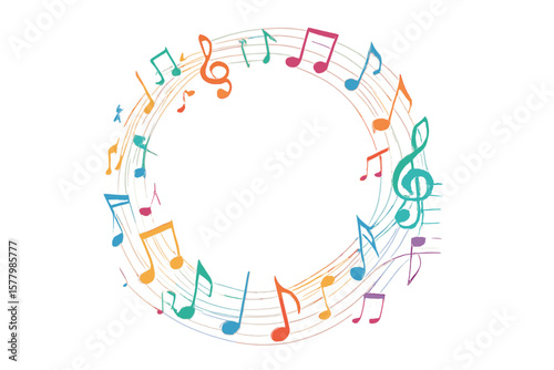Colorful musical notes circular frame. Music festival song melody design. Abstract sound rhythm concept for concert poster audio school. Dynamic vector celebration background.