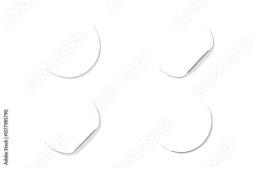 White round paper adhesive sticker mockup set. Blank circle tags with peeling corner and shadow. Isolated realistic vector illustration. Empty label template for branding.