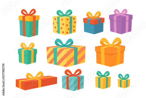Colorful gift boxes set with ribbons and bows. Big collection of presents for birthday, christmas or any holiday celebration. Wrapped surprise package vector illustration.