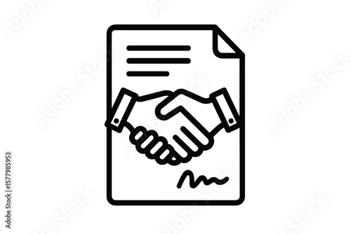 Business contract icon with handshake. Signed document symbol. Partnership agreement concept. Successful deal, cooperation, and collaboration vector pictogram for web and apps.