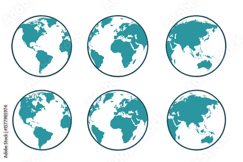 Earth globe icons set. World map hemispheres with continents. Vector planet Earth illustration. Global communication, travel, and geography concept. Isolated on white.