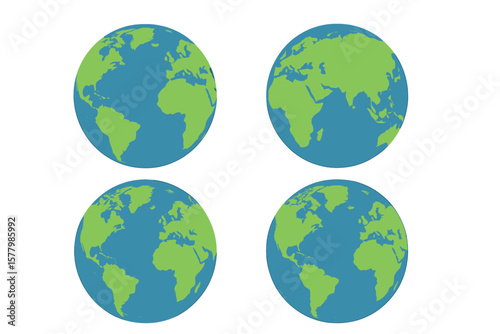 Earth globe icons set with world maps. Vector illustrations of planet Earth hemispheres showing different continents. Global symbol for travel, geography, and ecology concepts.