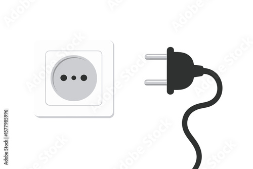Electric plug and outlet socket unplugged. Concept of 404 error page. Connection, disconnection, lost, unavailable. Wire and cable of energy. Power off vector illustration.
