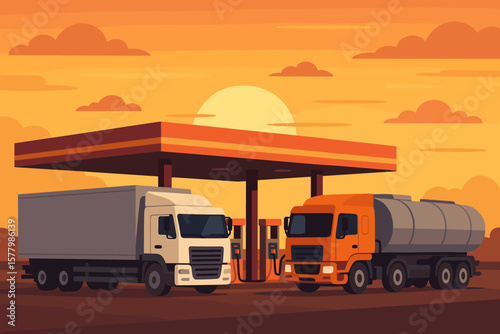 Cargo trucks refueling at gas station during sunset, transportation vehicles, business logistics, freight shipping, delivery transport, fuel tanker, highway logistics concept