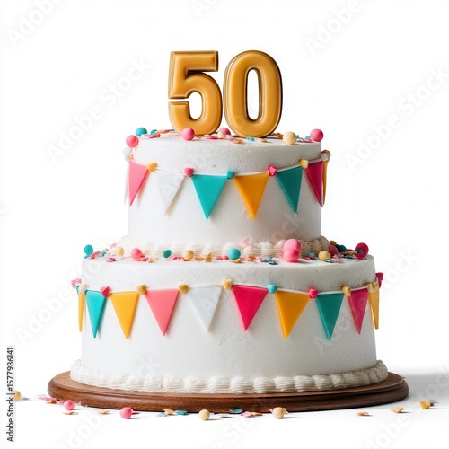 Festive 50th birthday celebration cake with gold number topper, colorful bunting flags, and sprinkles on white frosted two-tier design against clean white background