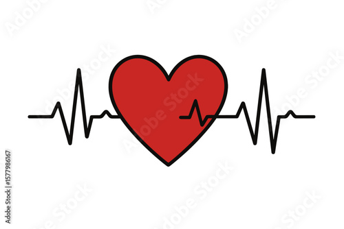 Red Heart with Black Cardiogram Line, Medical Heartbeat Pulse, ECG Vector, Healthcare Symbol, Cardiology Illustration, Transparent Background, Heart Rate Monitor, Emergency Concept