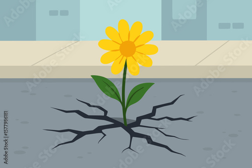 Resilient Yellow Flower Growing Through Urban Street Crack, Symbol of Hope and Strength, Modern Flat Vector Cartoon Illustration, Nature Overcoming Concrete, Growth Concept