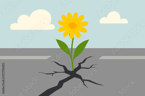 Bright yellow flower growing through cracked asphalt street, resilience and hope concept, modern flat cartoon vector illustration of urban nature overcoming adversity