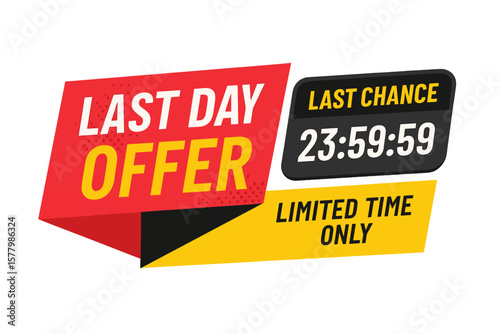 Last day offer countdown banner template. Final chance promotion. Limited time sale. Online shop, retail store marketing. Flash deal, discount, special price, urgent promo design