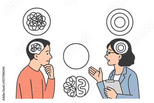 Mental health therapy session concept. Psychologist and patient discussing tangled thoughts, brain knot, emotional disorder, cognitive behavioral therapy, problem solving, counseling