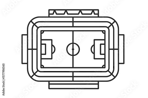 Top View Football Stadium Outline, Soccer Field Scheme, Vector Line Art, Transparent Background, Sports Arena Blueprint, Football Pitch Diagram, Editable Stadium Layout