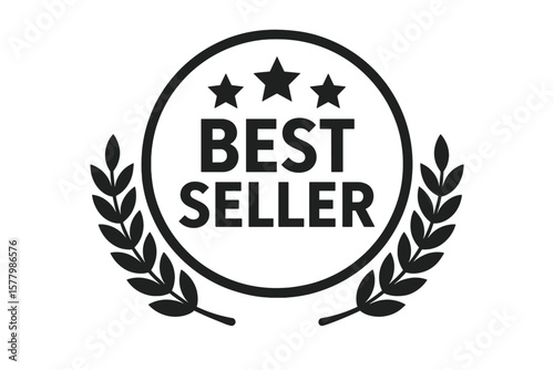 Best Seller Badge Icon with Laurel Wreath, Three Stars, Award Emblem, Bestseller Label, Black and White Vector, Isolated Transparent PNG, Stock Design Illustration