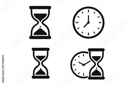 Set of Hourglass and Sandglass Icons, Timer and Clock Flat Vector Illustrations, Time Management Symbols, Transparent Background, Digital and Analog Time Concepts