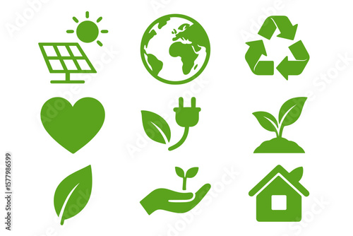 Eco Icons Collection – Green Energy, Sustainable Planet, Recycling, Renewable Resources, Nature Conservation, Leaf, Heart, Home, Growth, Clean Energy, Environment, Vector Set