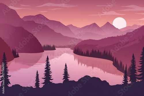  A stunning purple sunset casts a glow over mountains, framed by silhouetted trees