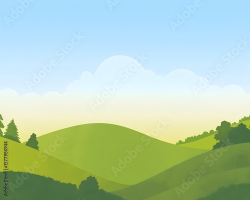 Cartoon illustration of a green hill with several trees scattered across the landscape under a clear blue sky.