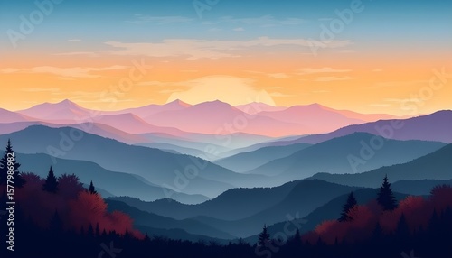 A picturesque view of mountains and trees at sunset, with vibrant colors illuminating the horizon.
