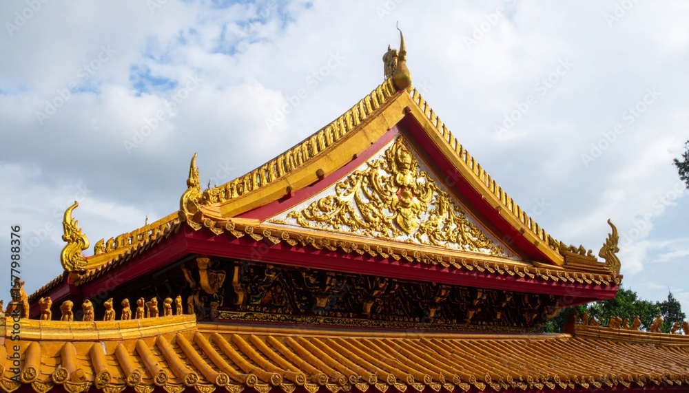 Naklejka premium Detailed Golden and Red Temple Roof with Intricate Details and Blue Sky Backdrop