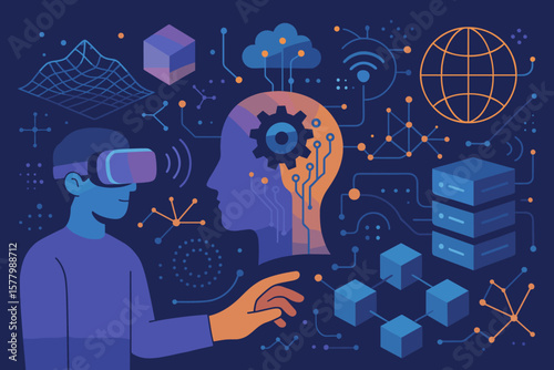 Metaverse and virtual reality concept. Person in VR headset interacts with futuristic digital interface. AI, blockchain, big data, and cloud computing technology innovation.