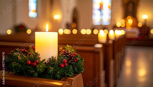 Candlelight Glows Beside Festive Advent Wreath in Church Pews for Ceremony