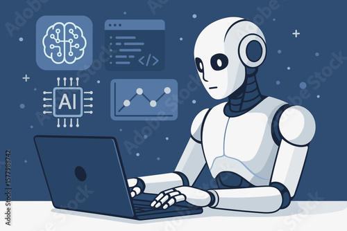AI learning and artificial intelligence concept. Futuristic robot working with laptop for coding or developing business and technology. Machine learning, data analysis vector.