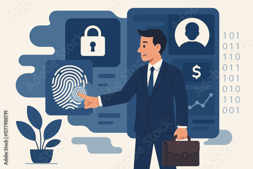Biometric security with fingerprint scanning. Businessman using finger print for digital access. E-kyc, electronic know your customer, financial data, and cybersecurity.