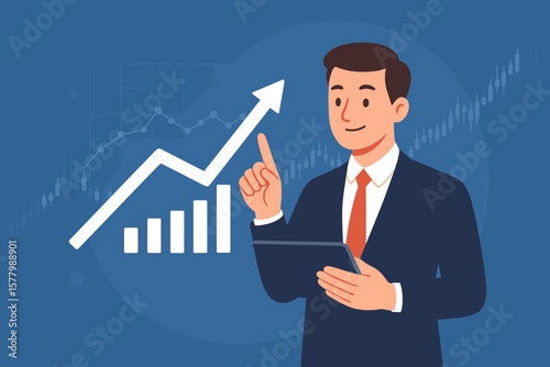 Businessman with tablet analyzes financial growth chart. Stock market success, investment strategy. Profit increase, data analysis, sales report. Up arrow. Flat vector.