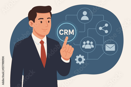 Businessman touching CRM icon. Customer Relationship Management concept for business. Marketing, sales automation, client data strategy. Modern flat vector cartoon illustration.
