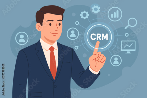 CRM system concept. Customer relationship management. Businessman touching virtual screen interface. Sales and marketing automation software. Client database and interaction vector.