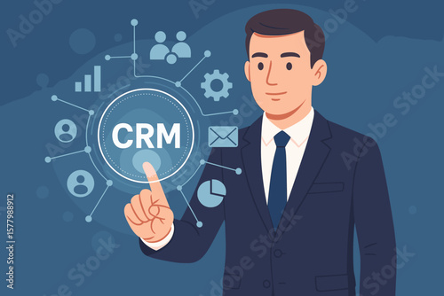 CRM customer relationship management system. Businessman works with virtual interface. Business technology for sales, marketing, data analysis and automation. Vector concept.