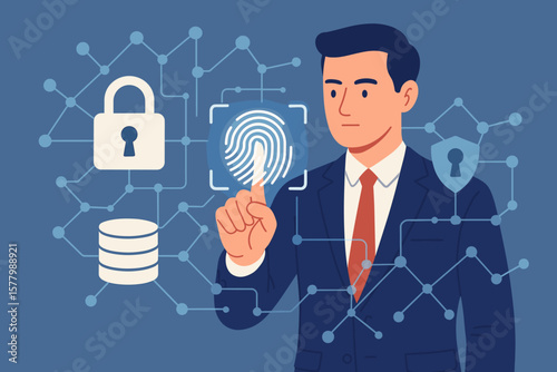 Businessman touching fingerprint scan for biometric identification. Concept of data encryption, network security, business transaction protection, and cyber safety with padlock.