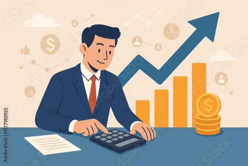 Businessman with calculator planning business strategy. Financial analysis for investment success. Stock market growth chart and digital economy concept. Accounting and finance.