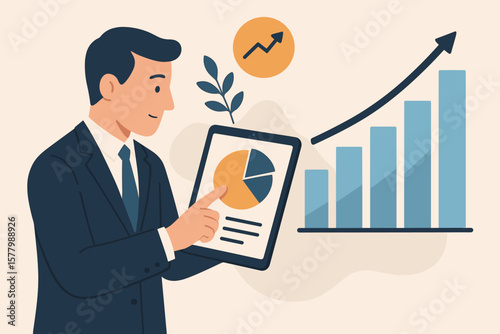 Businessman analyzing sales data on tablet. Financial report with pie chart and growth graph. Business success and investment concept. Modern flat vector cartoon illustration.