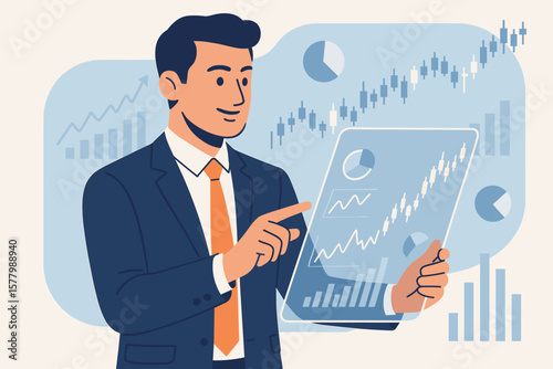Businessman interacting with futuristic virtual screen. Man managing data on holographic interface dashboard. Global business technology, innovation, metaverse, AR, AI concept.