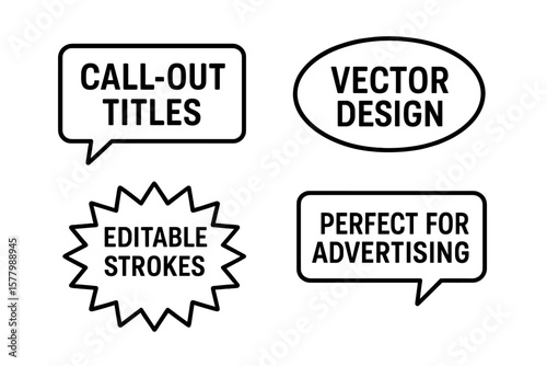 Editable vector callout titles with customizable monochromatic strokes, perfect for advertising, presentations, enhancing visual engagement, and highlighting key information
