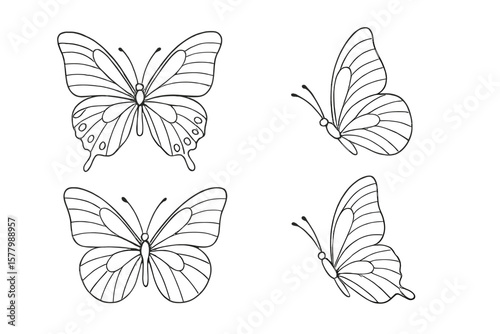 Butterfly outline vector icon set. Simple elegant insect line art illustration. Minimalist tattoo design sketch. Spring summer nature beauty logo. Flying monarch butterflies.