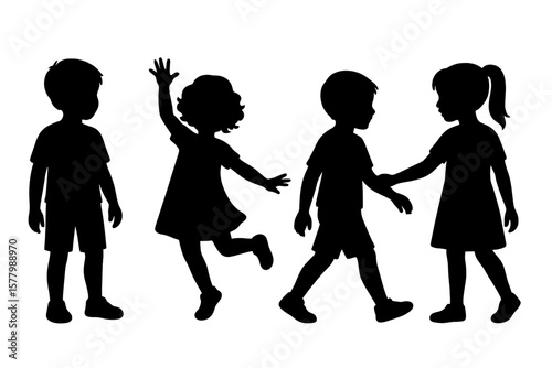 Children silhouette vector set. Group of 4 kids, boy and girl, in different poses. Child playing, walking, interacting. Childhood, friendship concept. Isolated illustration.