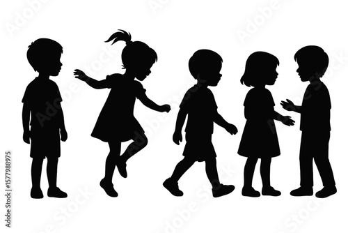 Children silhouette vector set. Group of kids, boy and girl, playing, walking, interacting. Childhood friendship concept. People figures in different poses. Isolated black shapes.