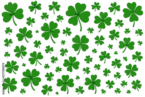 St. Patrick's Day green clover seamless pattern. Irish holiday background with shamrock and lucky four leaf clovers. Symbol of luck vector illustration isolated on white.