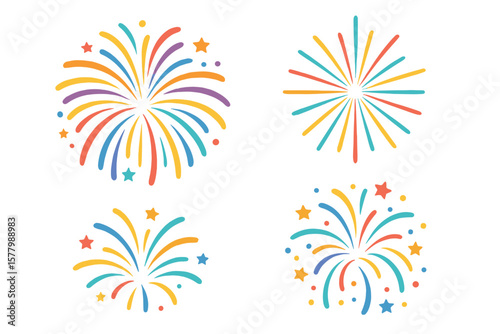 Colorful fireworks vector set of 4. Various firework shapes. Starburst celebration vector illustration. Festive pyrotechnic explosion icons for party new year holiday.