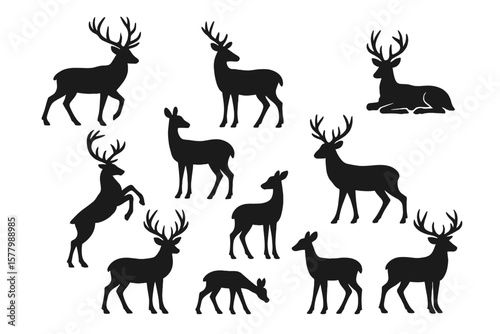 Set of deer silhouettes vector illustration. Collection of stag, doe, and fawn icons. Wildlife, nature, and forest animal symbols for logo design or hunting concept.