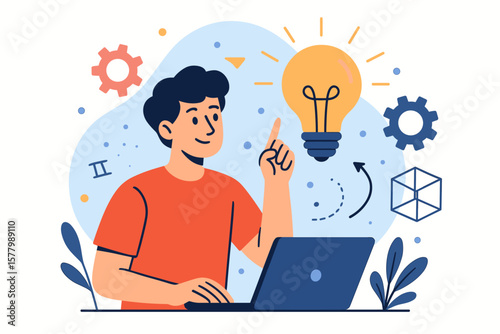Creative idea and innovation concept. Man working on laptop gets an insight. Light bulb as a metaphor for inspiration, solution, and startup. Modern flat vector illustration.
