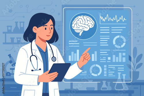 Female doctor scientist checking brain test result on virtual interface. Neurology and neuroscience innovation. Medical technology in futuristic laboratory. Healthcare data analysis.