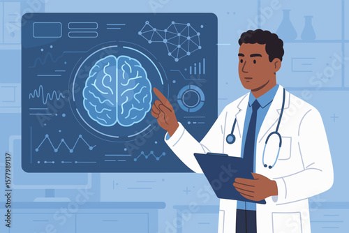 Doctor checking brain scan. Neurology medicine concept. Man neurologist analyzing test results on a futuristic virtual screen. Medical research, neuroscience, healthcare innovation