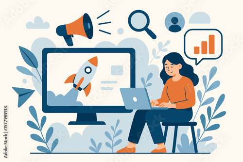 Digital online marketing business technology concept. Woman with laptop launches startup rocket. SEO promotion, data analysis, market research for growth. Flat cartoon vector.