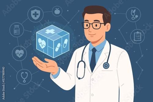 Doctor holds virtual cube with medical icons. Healthcare network technology concept. Digital health, telemedicine, futuristic medicine innovation. Flat vector cartoon illustration.